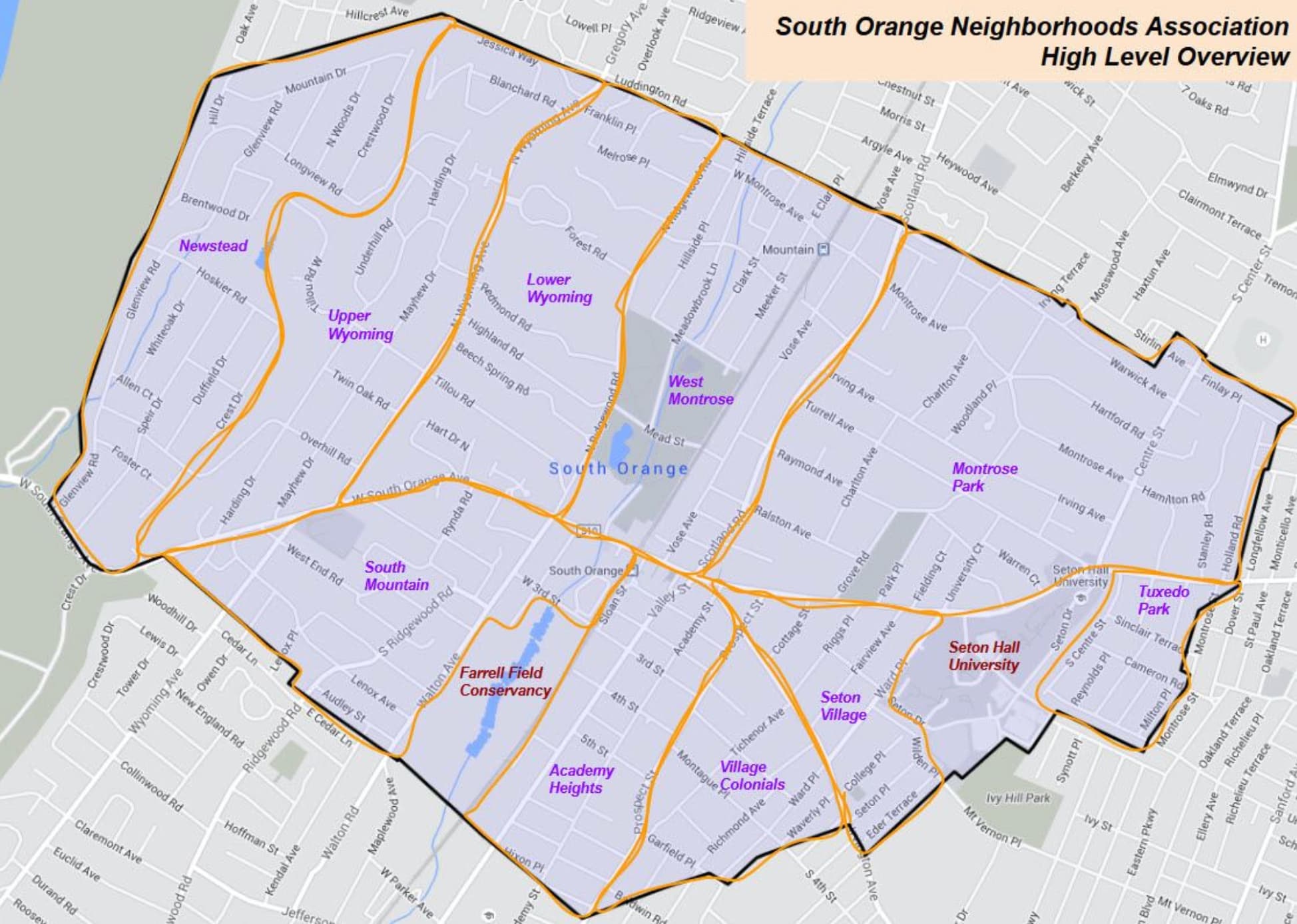 South Orange Neighborhoods Association map showing the ten neighborhoods and their boundaries